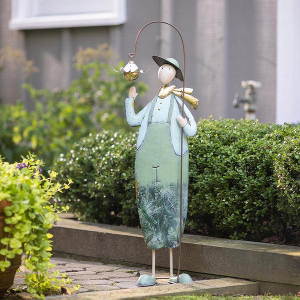 plow & hearth Metal Flower Farmer Statue