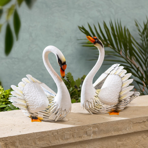 plow & hearth Metal Swan Pair Statues Set of 2 14"H