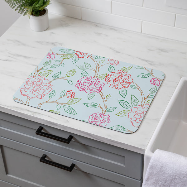 plow & hearth Peony Toile Drying Mat Line Art 20"x15"