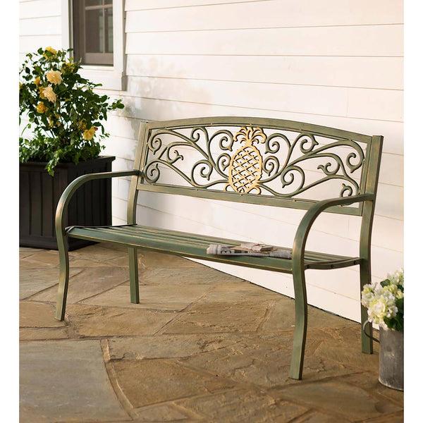 plow & hearth Pineapple Metal Garden Bench - Verdigris