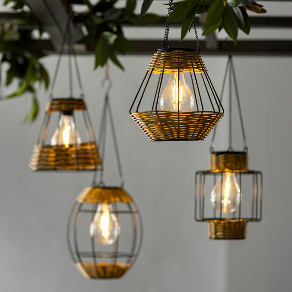 plow & hearth Rattan Hanging Solar Lanterns Set of 4