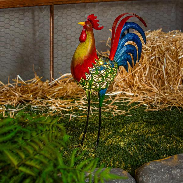 plow & hearth Solar Metal Colorful Rooster Blue 21"H