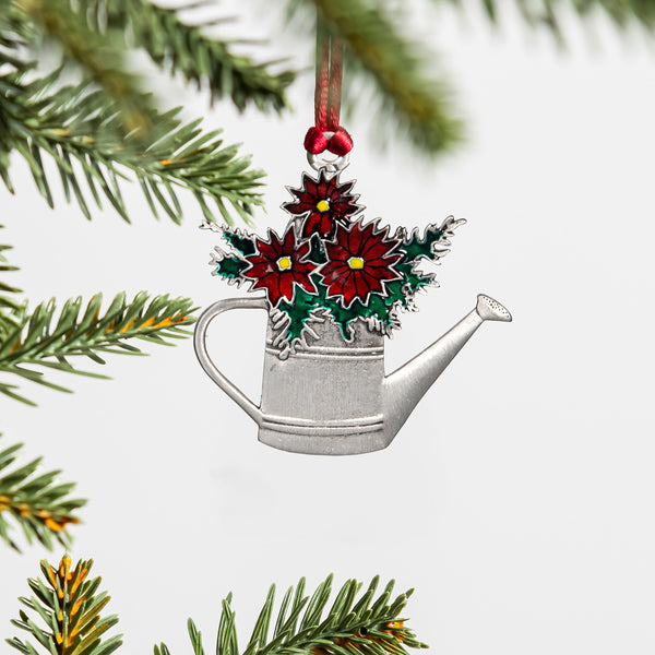 plow & hearth Poinsettia Watering Can Solid Pewter Ornament 2.5"L