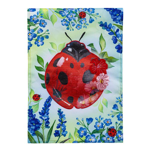 Plow & Hearth Pollinator Garden Blue Florals Ladybug Applique Garden Flag
