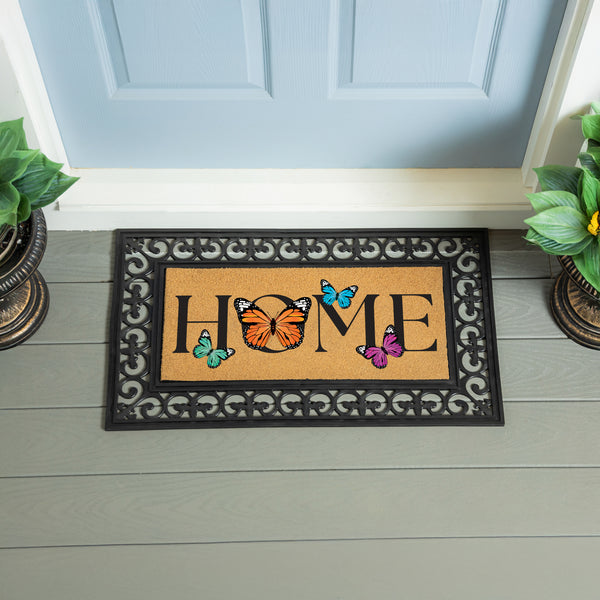 plow & hearth Pollinator Garden Butterfly Family Flocked Coir Sassafras Switch Mat 22"x10"