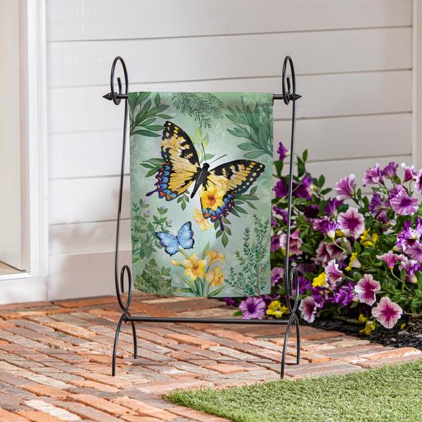 Plow & Hearth Pollinator Garden Green & Yellow Florals Monarch Butterfly Suede Garden Flag