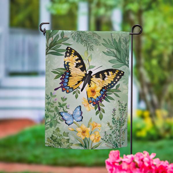 plow & hearth Pollinator Garden Green & Yellow Florals Monarch Butterfly Suede Garden Flag