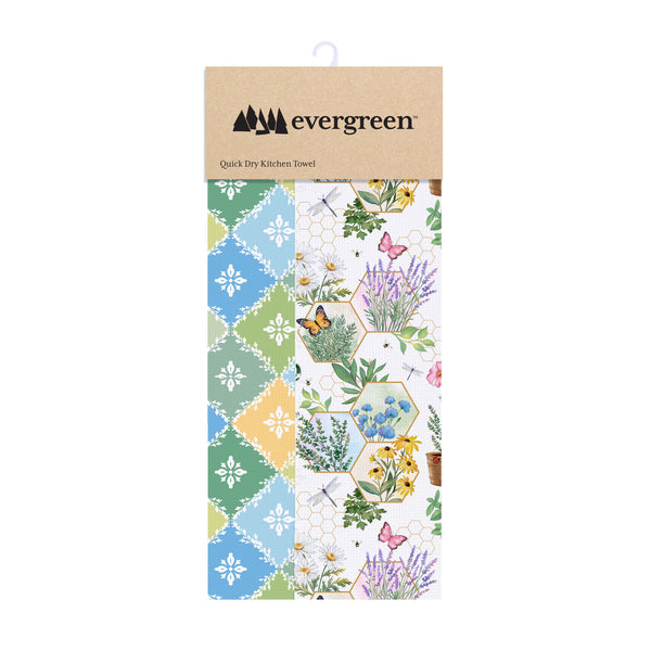 Plow & Hearth Pollinator Garden Kitchen Towel Quick Dry Waffle Weave Double-Sided Gardening 30"L X 18"W