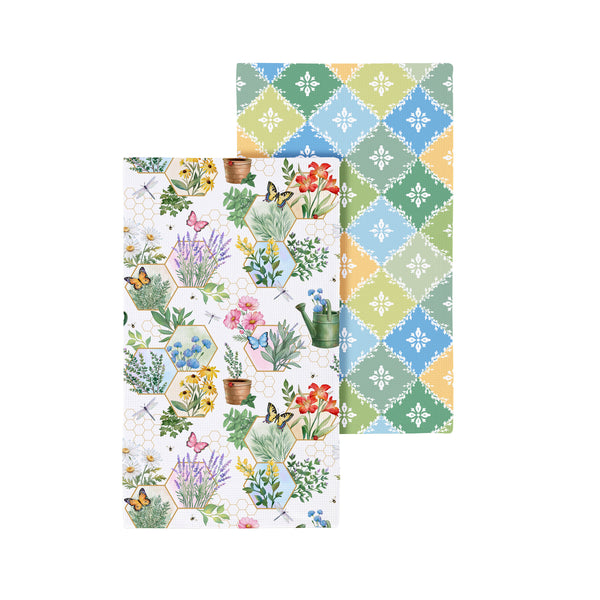 Plow & Hearth Pollinator Garden Kitchen Towel Quick Dry Waffle Weave Double-Sided Gardening 30"L X 18"W