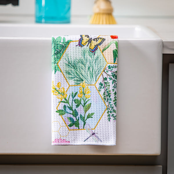 plow & hearth Pollinator Garden Kitchen Towel Quick Dry Waffle Weave Double-Sided Gardening 30"L x 18"W