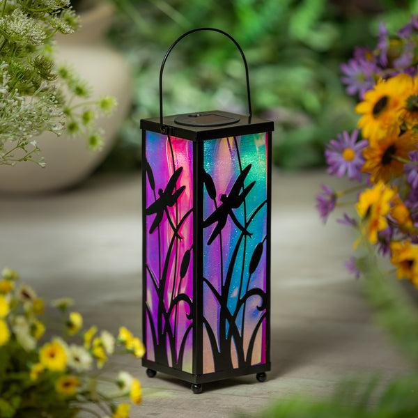 plow & hearth Pollinator Garden Outdoor Lamp & Lighting Irridescent Dragonfly Solar Lantern 11.4"H