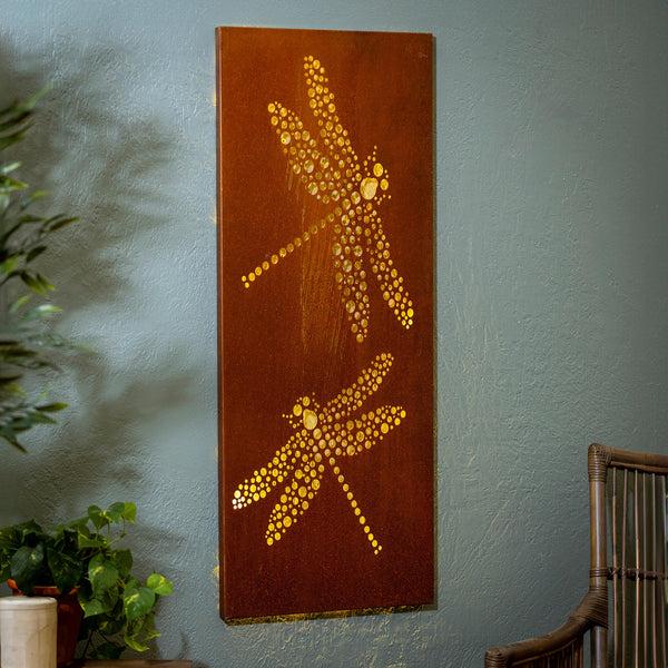 plow & hearth Pollinator Garden Outdoor Wall Décor LED Laser Cut Metal Dragonfly 15" L x 40" H
