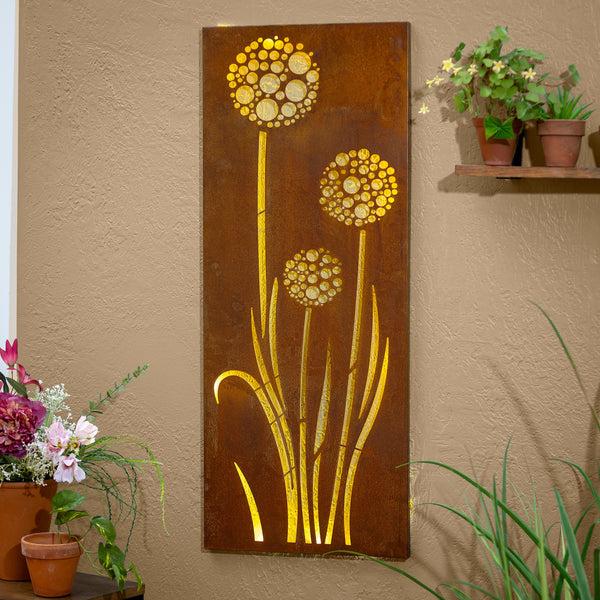 plow & hearth Pollinator Garden Outdoor Wall Décor LED Laser Cut Metal Dandelions 15" L x 40" H