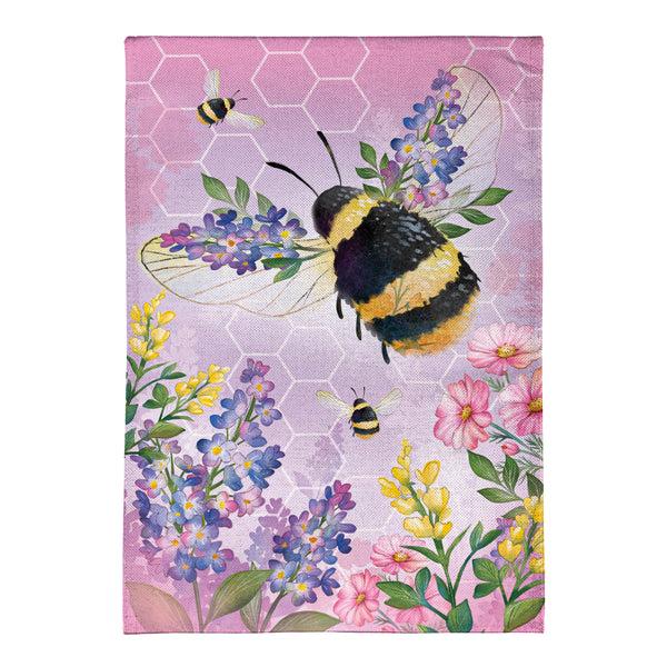 Plow & Hearth Pollinator Garden Pink Florals Bee Burlap Garden Flag