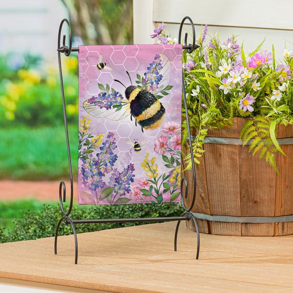 plow & hearth Pollinator Garden Pink Florals Bee Burlap Garden Flag