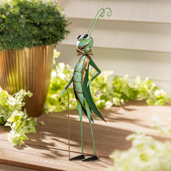 plow & hearth Pollinator Garden Statue Metal Joyful Cricket With Cane 27"H