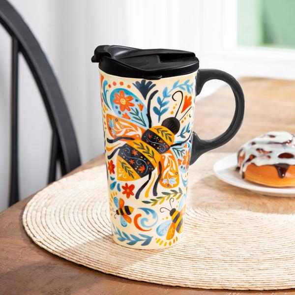 plow & hearth Pollinator Garden Travel Cup Ceramic Perfect Cup Floral Bee 17oz Gift Box
