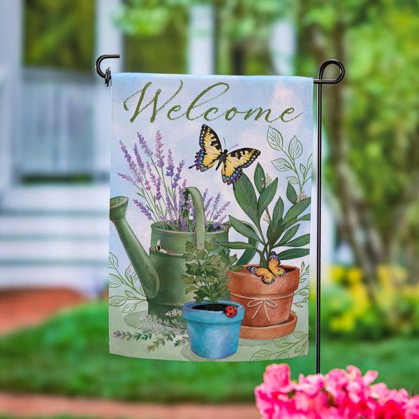 plow & hearth Pollinator Garden Watering Can & Plants Suede Garden Flag