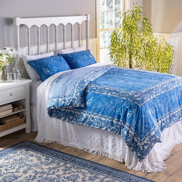 plow & hearth Porcelain Rose Blue Floral Reversible Bedding King Duvet