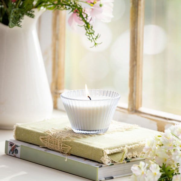 plow & hearth Ribbed Cupcake Glass Candle Ancient Water