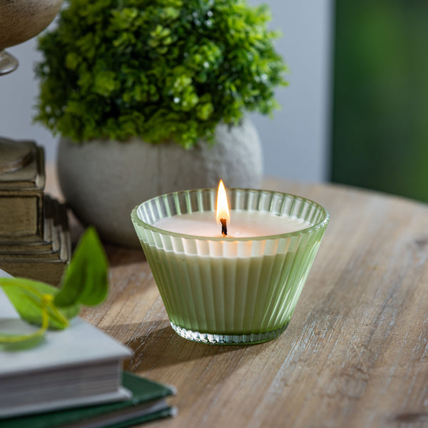 plow & hearth Ribbed Cupcake Glass Candle Smoke Green