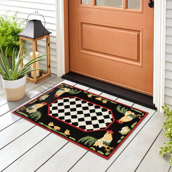 plow & hearth Rooster & Chick Border Indoor/Outdoor Rug