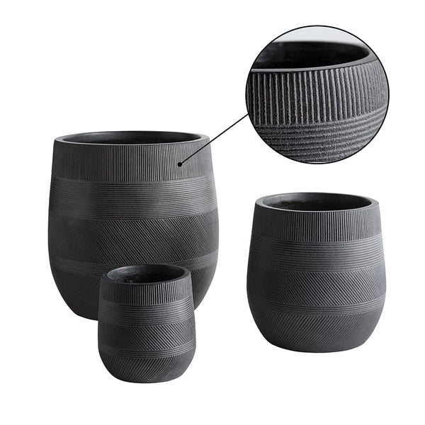 Plow & Hearth Round Stripe Fiber Clay Planters Set Of 3 Anthracite Black