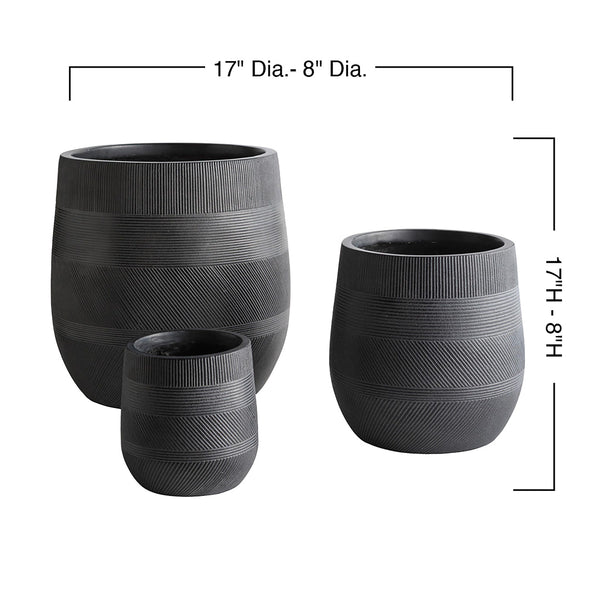Plow & Hearth Round Stripe Fiber Clay Planters Set Of 3 Anthracite Black