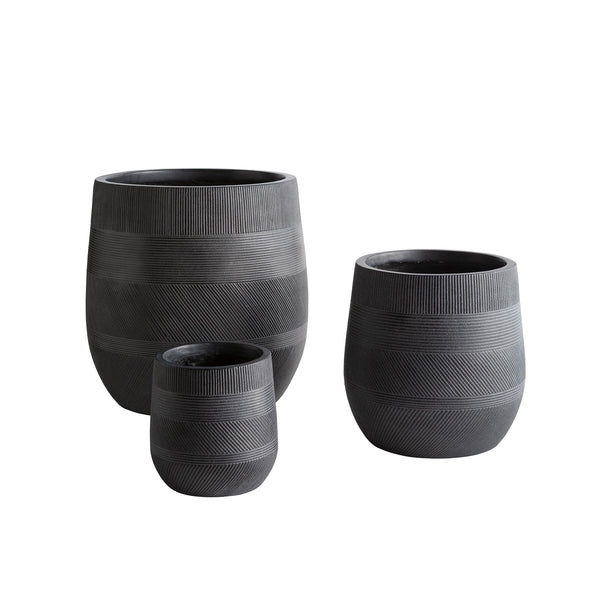 plow & hearth Round Stripe Fiber Clay Planters Set of 3 Anthracite Black