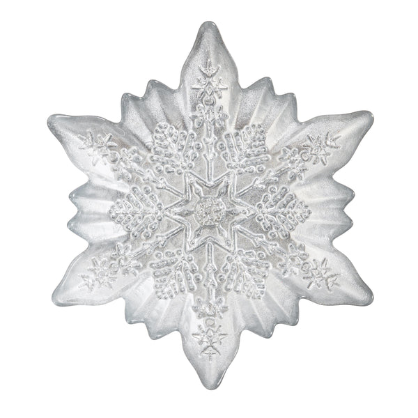 plow & hearth Season to Sparkle Bowl Glass Silver Snowflake Shaped Dish 6.75"