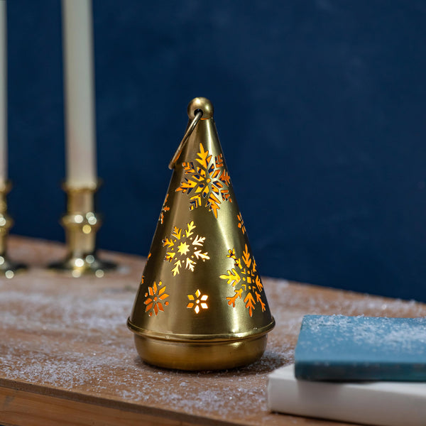 plow & hearth Season to Sparkle Candleholder Tree with Snowflake Cut Outs Metal Tealight Candle Holder 7.5"H