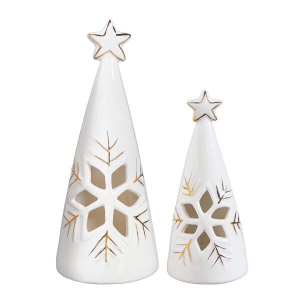 Plow & Hearth Season To Sparkle LED Table Decor Ceramic Christmas Tree With Snowflake Cut Out Set Of 2