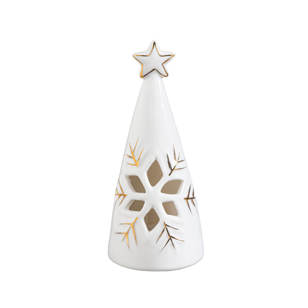 Plow & Hearth Season To Sparkle LED Table Decor Ceramic Christmas Tree With Snowflake Cut Out Set Of 2