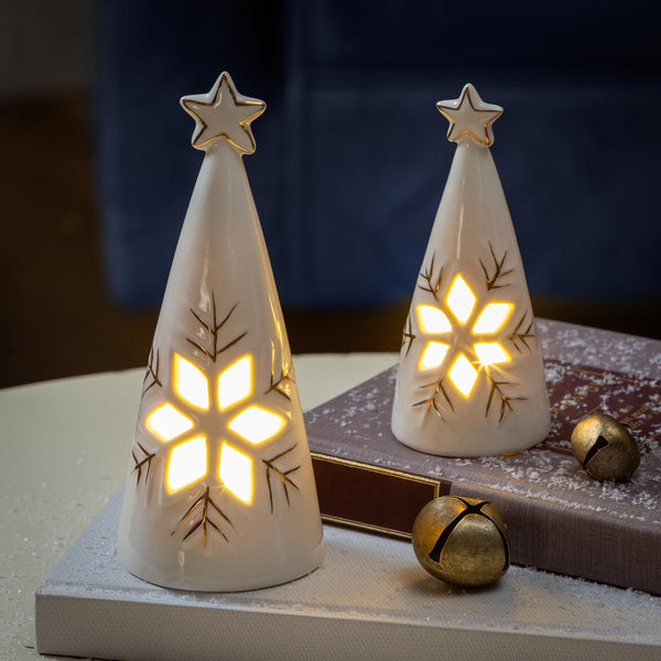 plow & hearth Season to Sparkle LED Table Decor Ceramic Christmas Tree with Snowflake Cut Out Set of 2