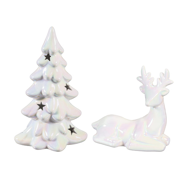 Plow & Hearth Season To Sparkle LED Table Décor Ceramic Iridescent Tree With Star Cut Outs Set Of 2