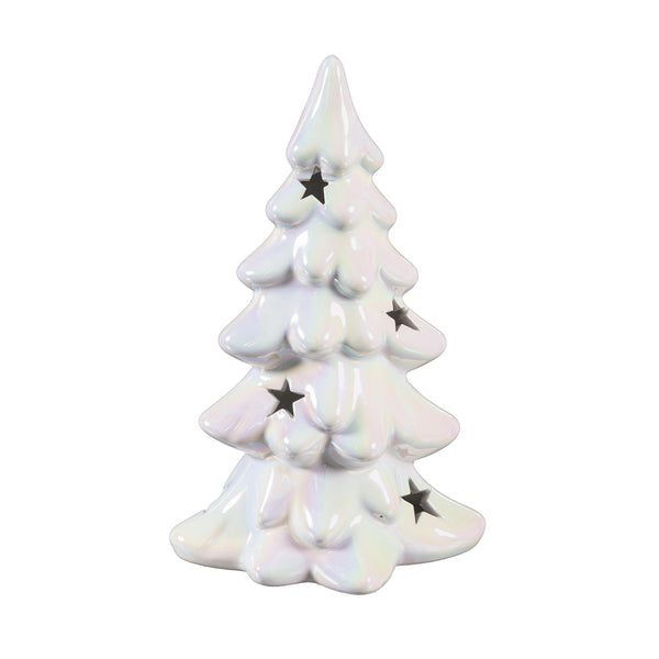 Plow & Hearth Season To Sparkle LED Table Décor Ceramic Iridescent Tree With Star Cut Outs Set Of 2