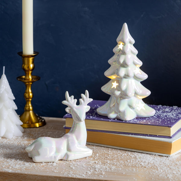 plow & hearth Season to Sparkle LED Table Décor Ceramic Iridescent Tree with Star Cut Outs Set of 2