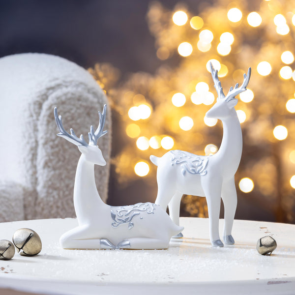plow & hearth Season to Sparkle Table Décor Deer with Metallic Embellishment Ceramic Set