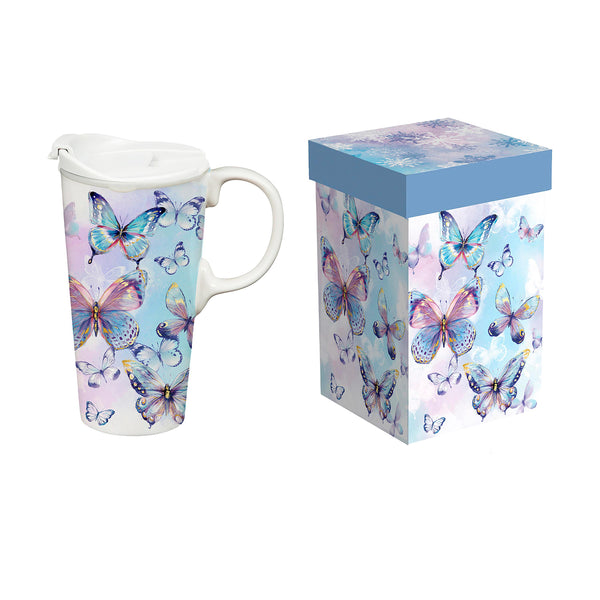 Plow & Hearth Season To Sparkle Travel Cup Ceramic Perfect Cup Butterfly 17oz Gift Box