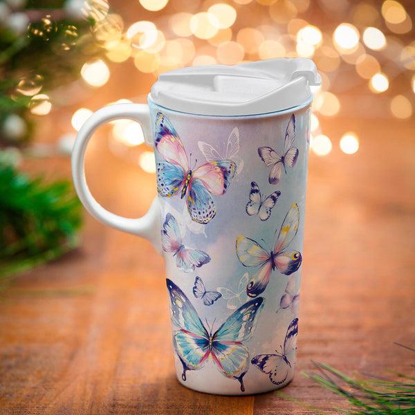 plow & hearth Season To Sparkle Travel Cup Ceramic Perfect Cup Butterfly 17oz Gift Box