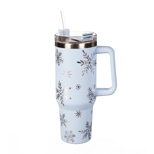 Plow & Hearth Season To Sparkle Tumbler Stainless-Steel Canyon Cup W/ Straw Snowflakes 40oz Gift Box
