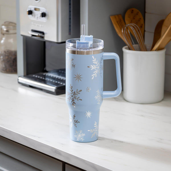 plow & hearth Season to Sparkle Tumbler Stainless-Steel Canyon Cup w/ Straw Snowflakes 40oz Gift Box
