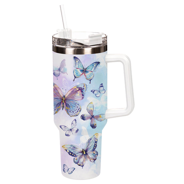 plow & hearth Season To Sparkle Tumbler Stainless-Steel Canyon Cup w/ Straw Butterfly 40oz Gift Box
