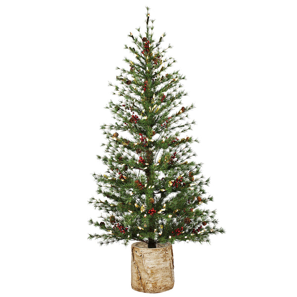 Plow & Hearth Shades Of Emerald 60"H Lit Artificial Christmas Pine Tree With Resin Birch Pot