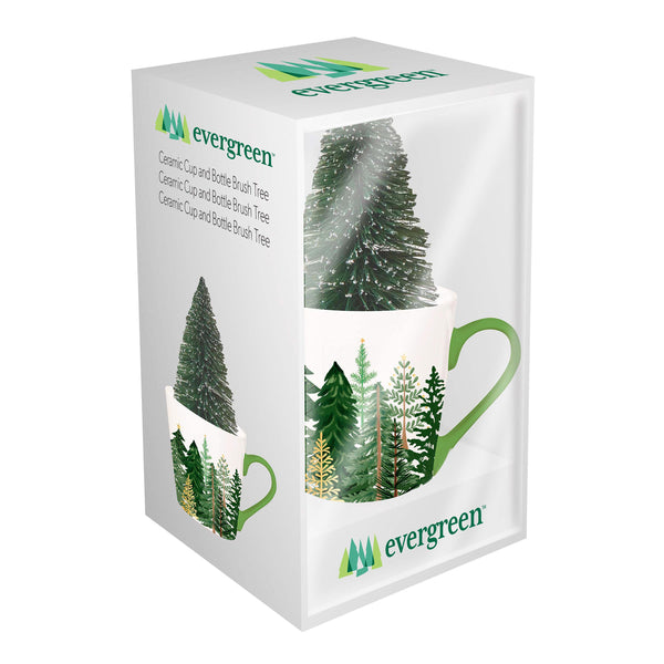 Plow & Hearth Shades Of Emerald Drinkware Gift Set Ceramic Flare Cup And Bottle Brush Tree 12oz Gift Box