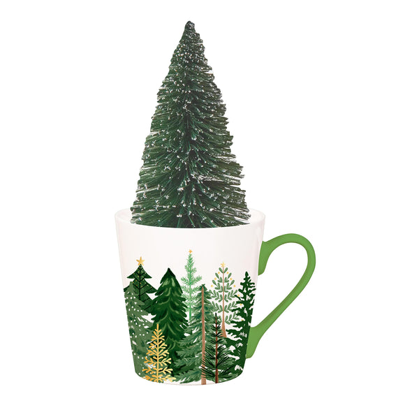 plow & hearth Shades of Emerald Drinkware Gift Set Ceramic Flare Cup and Bottle Brush Tree 12oz Gift Box