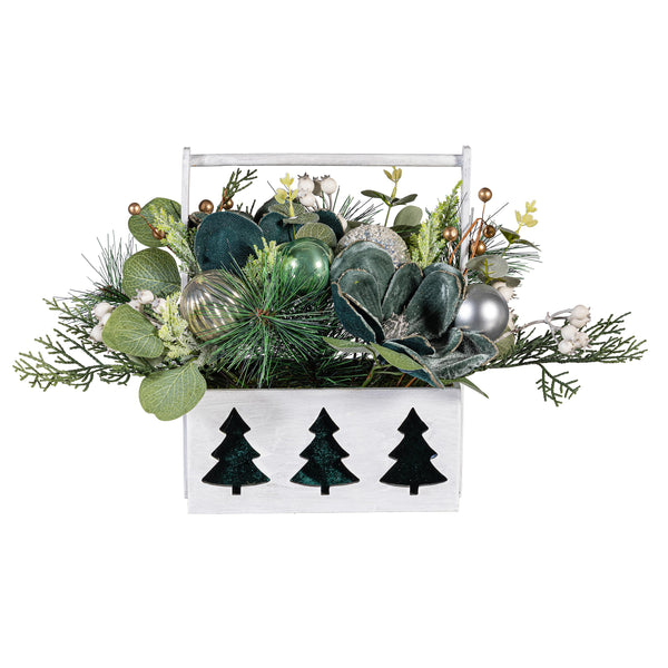 Plow & Hearth Shades Of Emerald Faux Floral Table Decor Artificial Tree In Pot With Ornaments 11"H