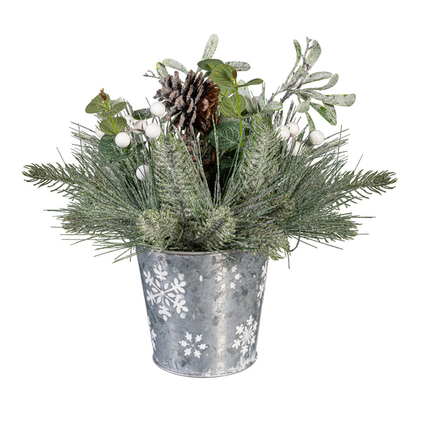 Plow & Hearth Shades Of Emerald Faux Floral Table Decor Artificial Frosted Pine In A Metal Pot 13"H