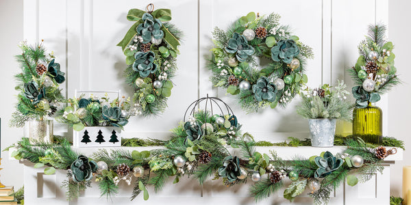 Plow & Hearth Shades Of Emerald Faux Floral Table Decor Artificial Frosted Pine In A Metal Pot 13"H