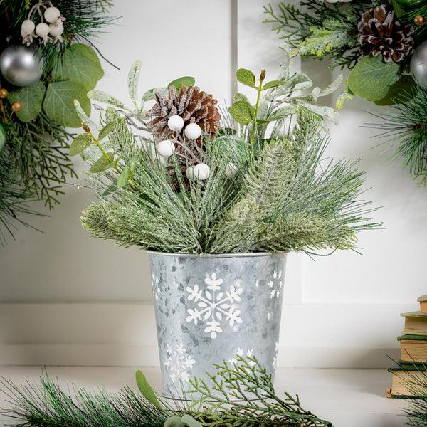 plow & hearth Shades of Emerald Faux Floral Table Decor Artificial Frosted Pine in a Metal Pot 13"H